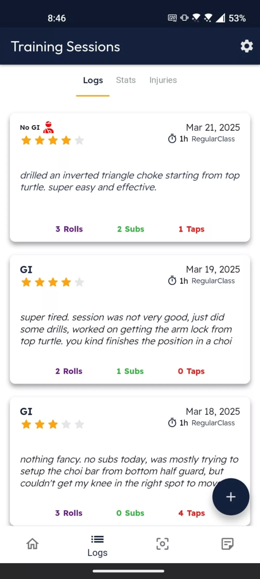 BJJ Journal App Screen