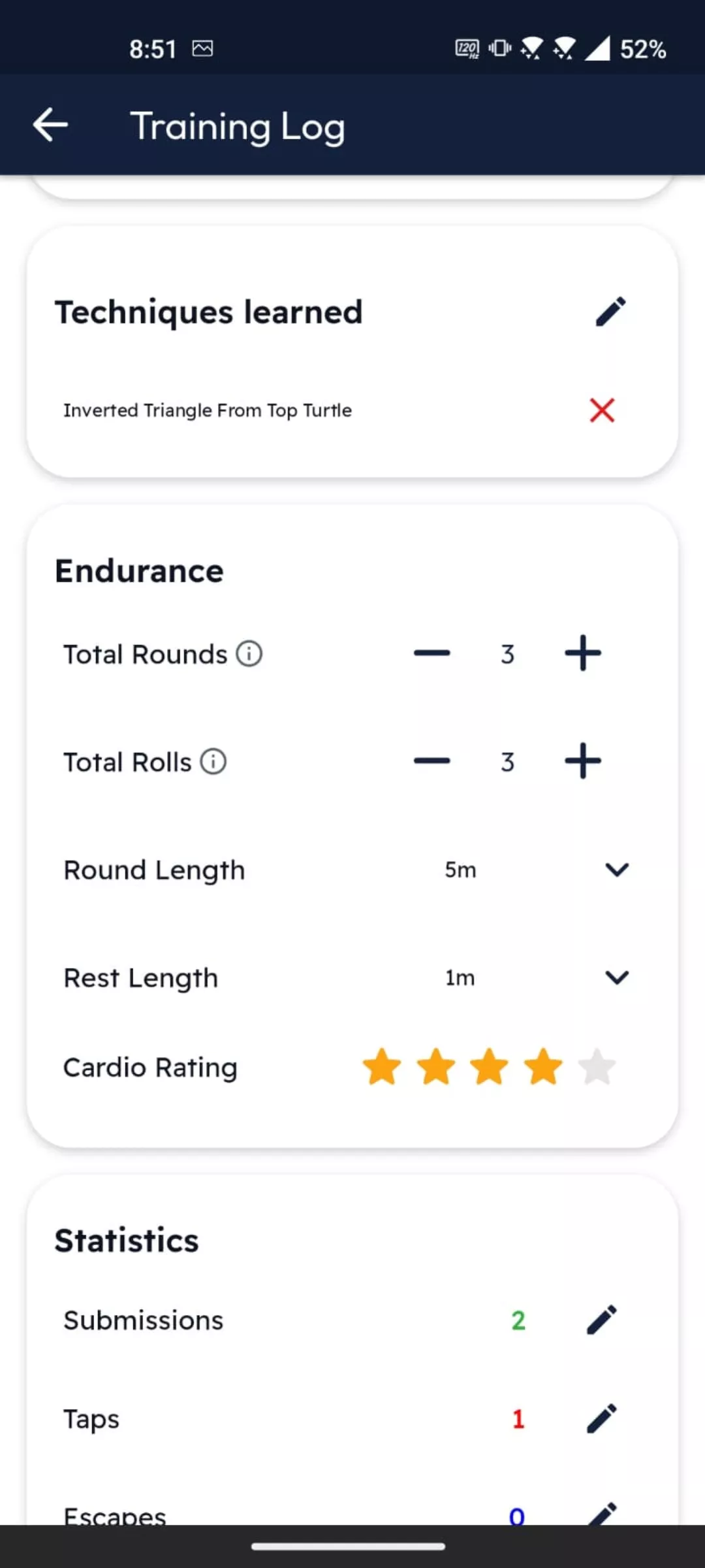 BJJ Journal App Screen