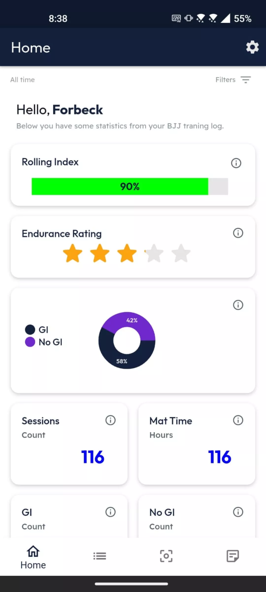 Jiu Jitsu Journal App Screen