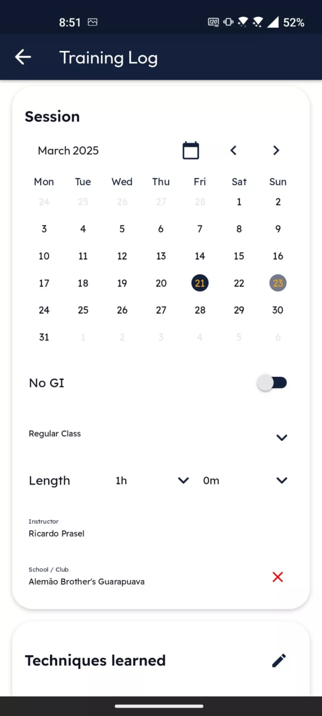 Jiu Jitsu Journal App Screen